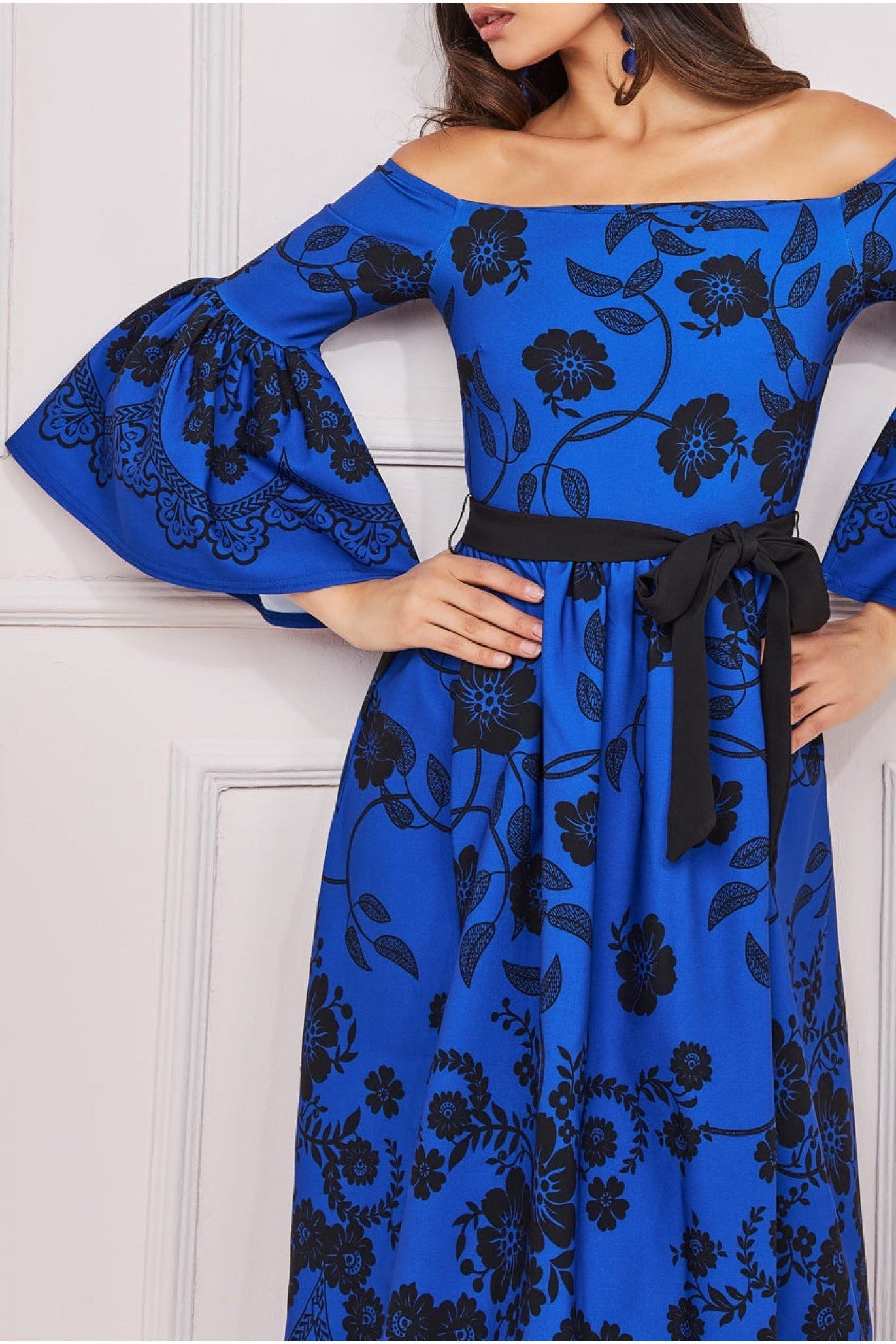 Goddiva Printed Off The Shoulder Midi Dress - Royalblue