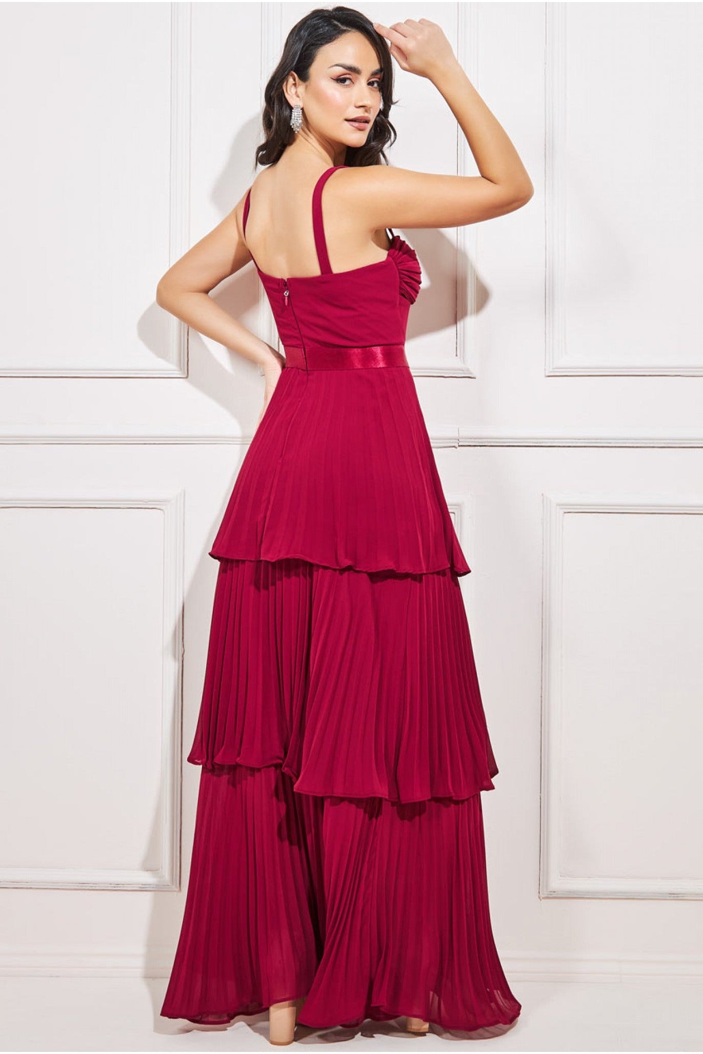 Goddiva Pleated Chiffon Tiered Maxi Dress - Burgundy