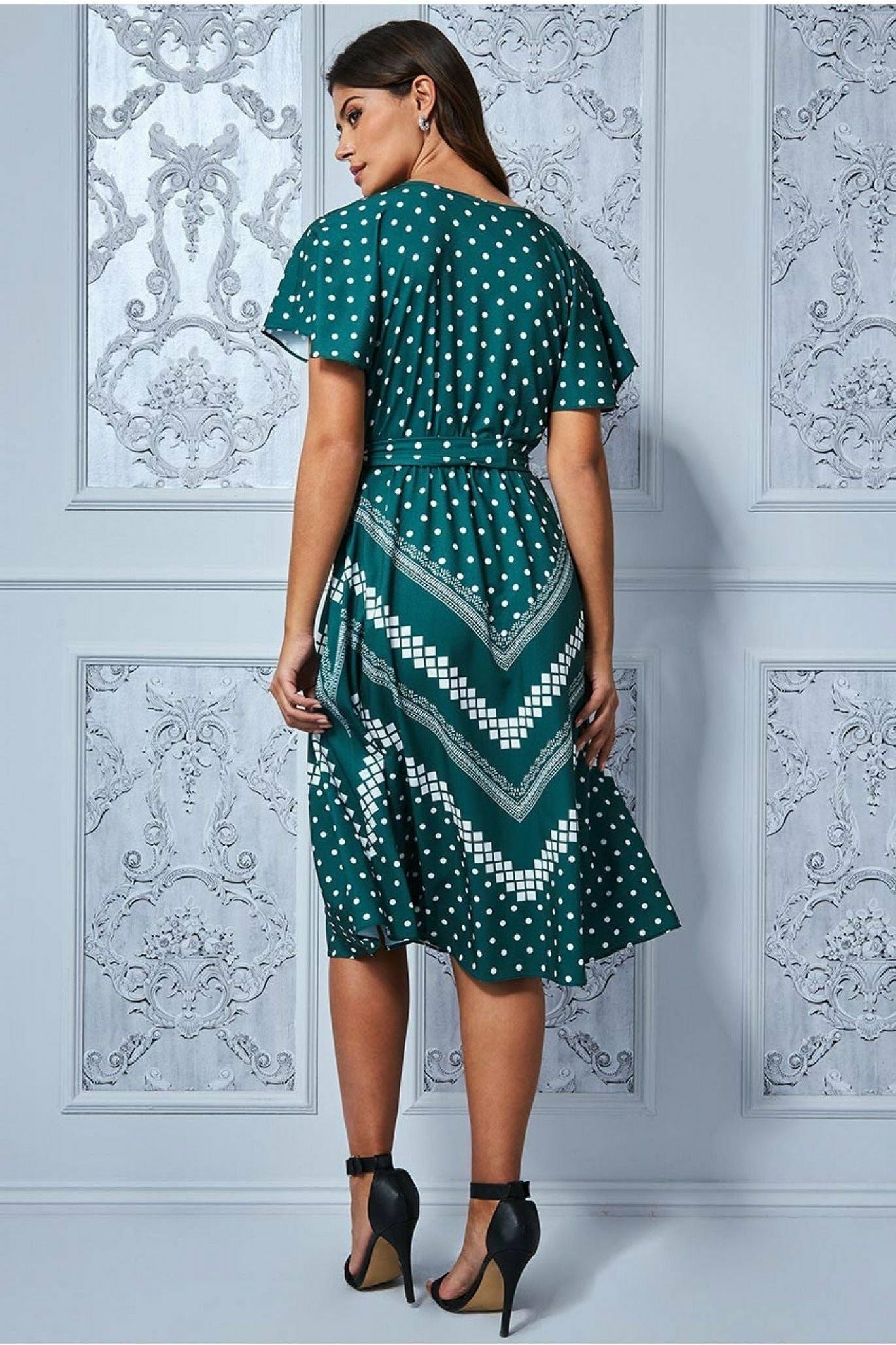 Goddiva Wrap Style Flutter Sleeve Midi Dress - Emerald Green