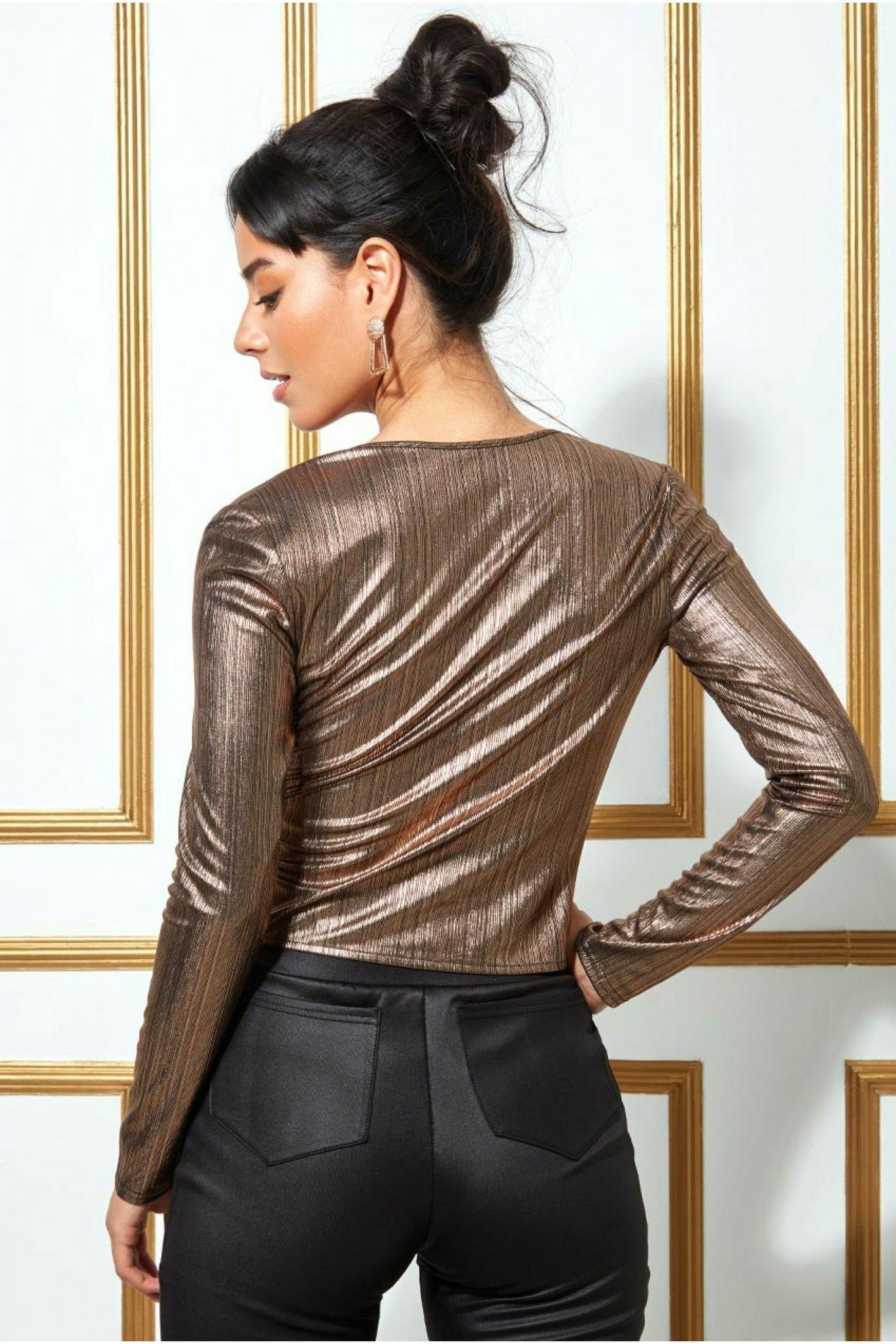 Goddiva Metallic String Long Sleeve Top - Blackgold