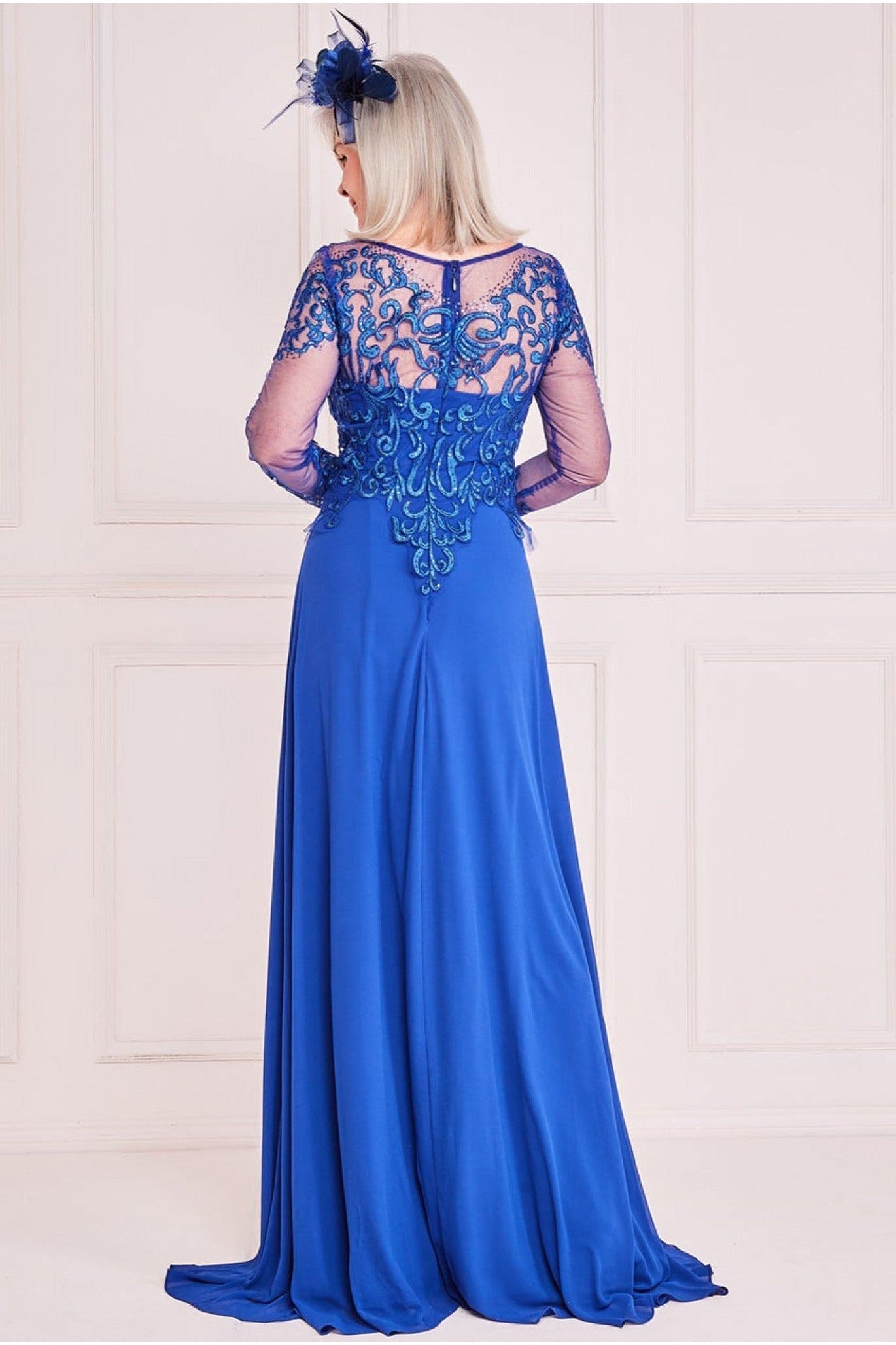 Goddiva Mesh & Lace Embroidered Bodice Maxi - Royal Blue