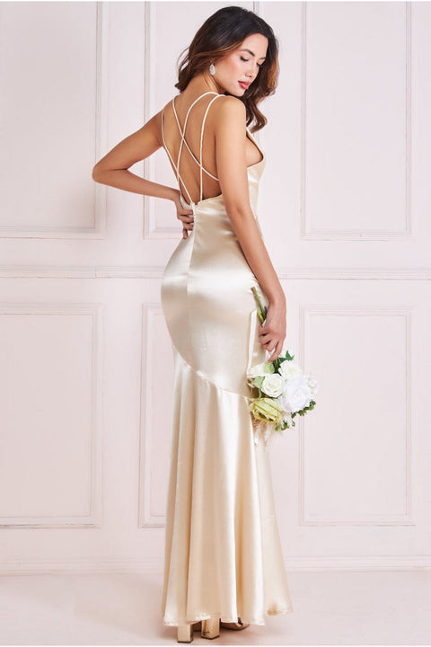 Goddiva Satin Cowl Neck With Strappy Back Maxi - Champagne