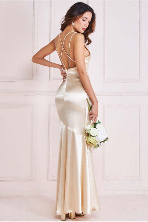 Goddiva Satin Cowl Neck With Strappy Back Maxi - Champagne