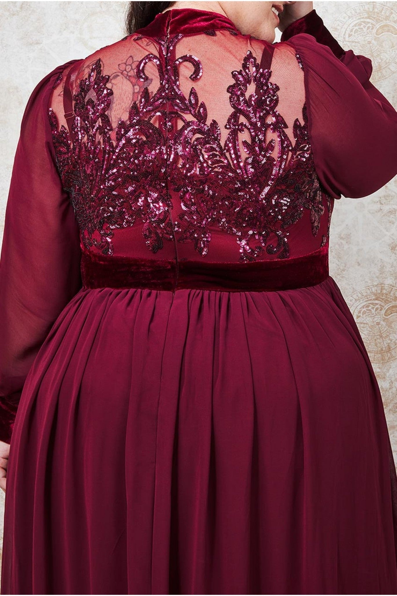 Goddiva Plus Velvet Band Sequin Bodice Maxi - Wine