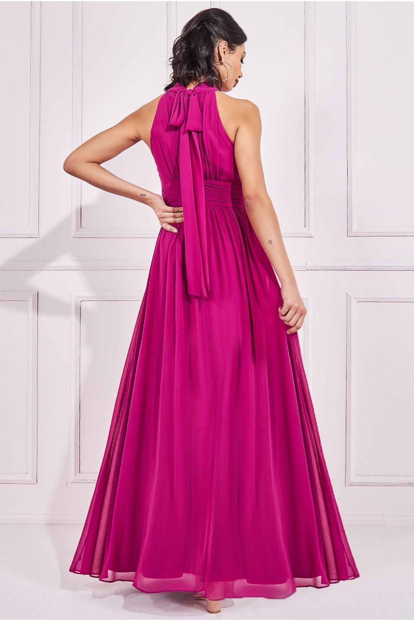 Goddiva Halterneck Chiffon Maxi With Thigh Split - Magenta