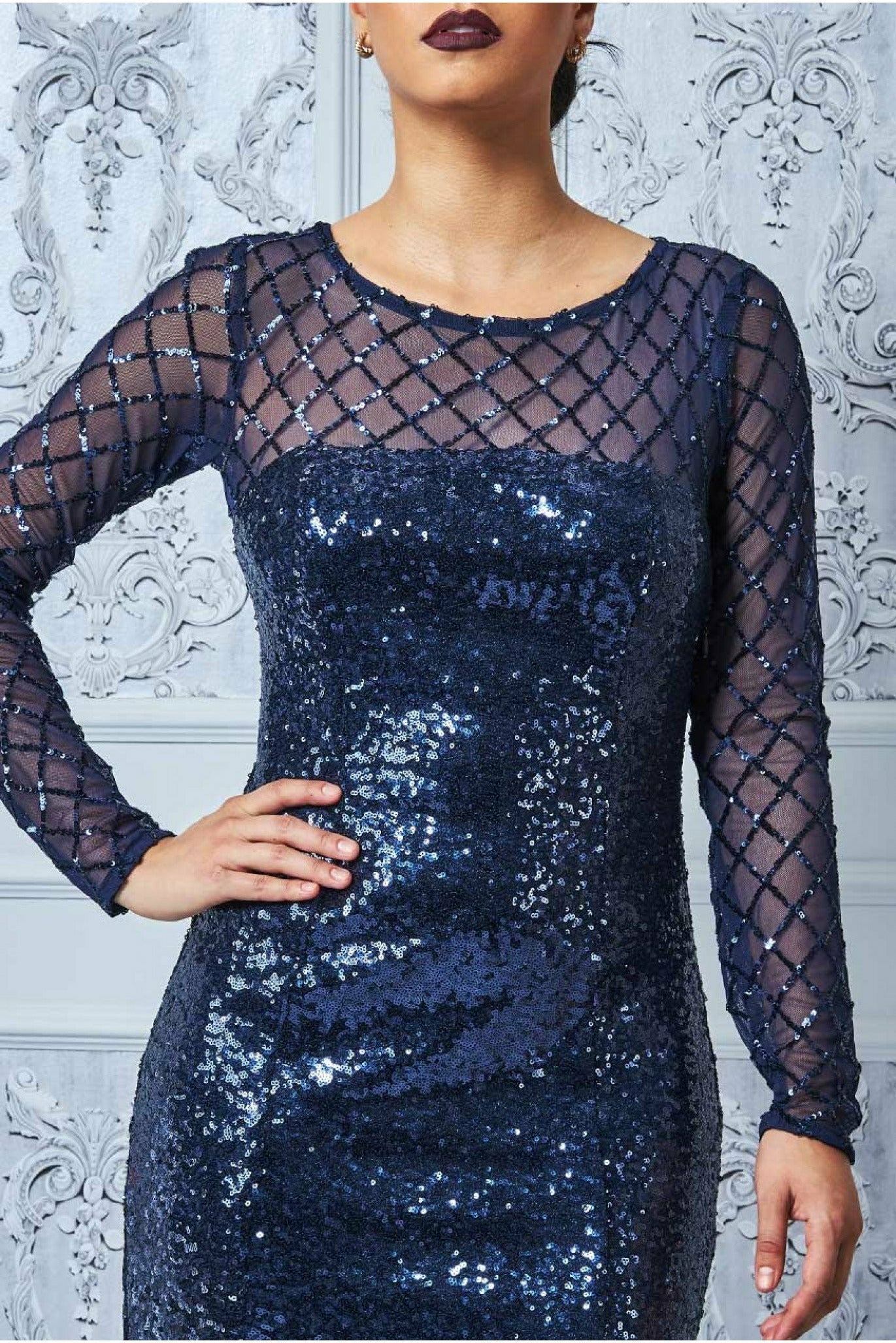 Goddiva Sheer Diamond Design Sequin Maxi Dress - Navy