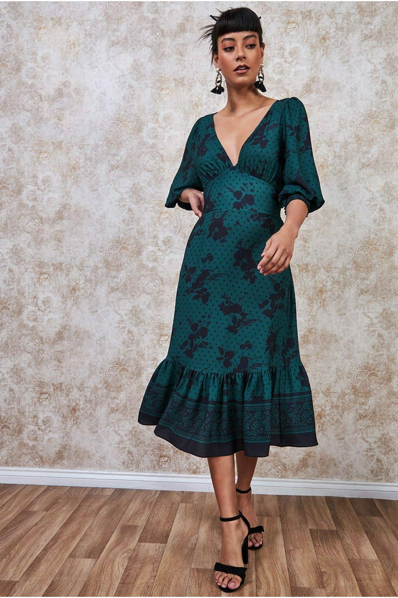Goddiva Floral Print Puff Sleeve Midi Dress - Emerald Green