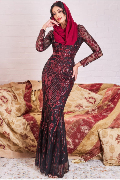 Goddiva Modesty Sequin Evening Maxi Dress - Wine