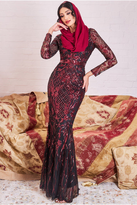 Goddiva Modesty Sequin Evening Maxi Dress - Wine