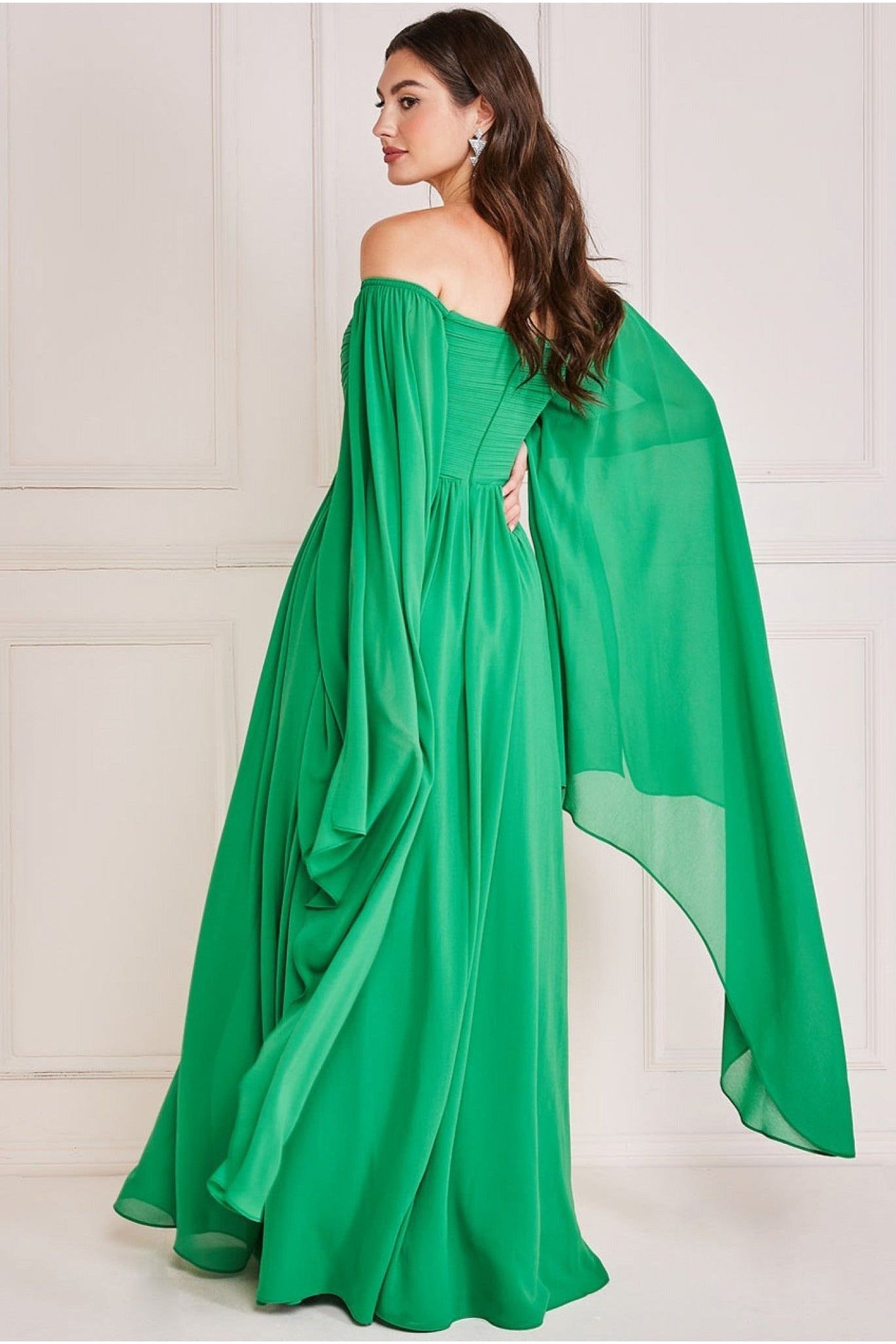 Goddiva Chiffon Off The Shoulder Maxi With Cape Sleeves - Green