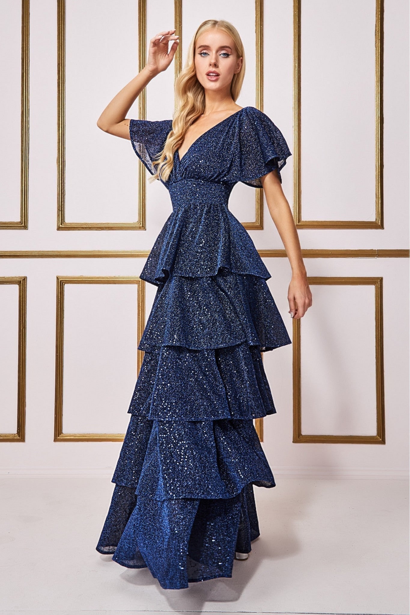 Goddiva Sequin Lurex Tiered Maxi Dress - Navy