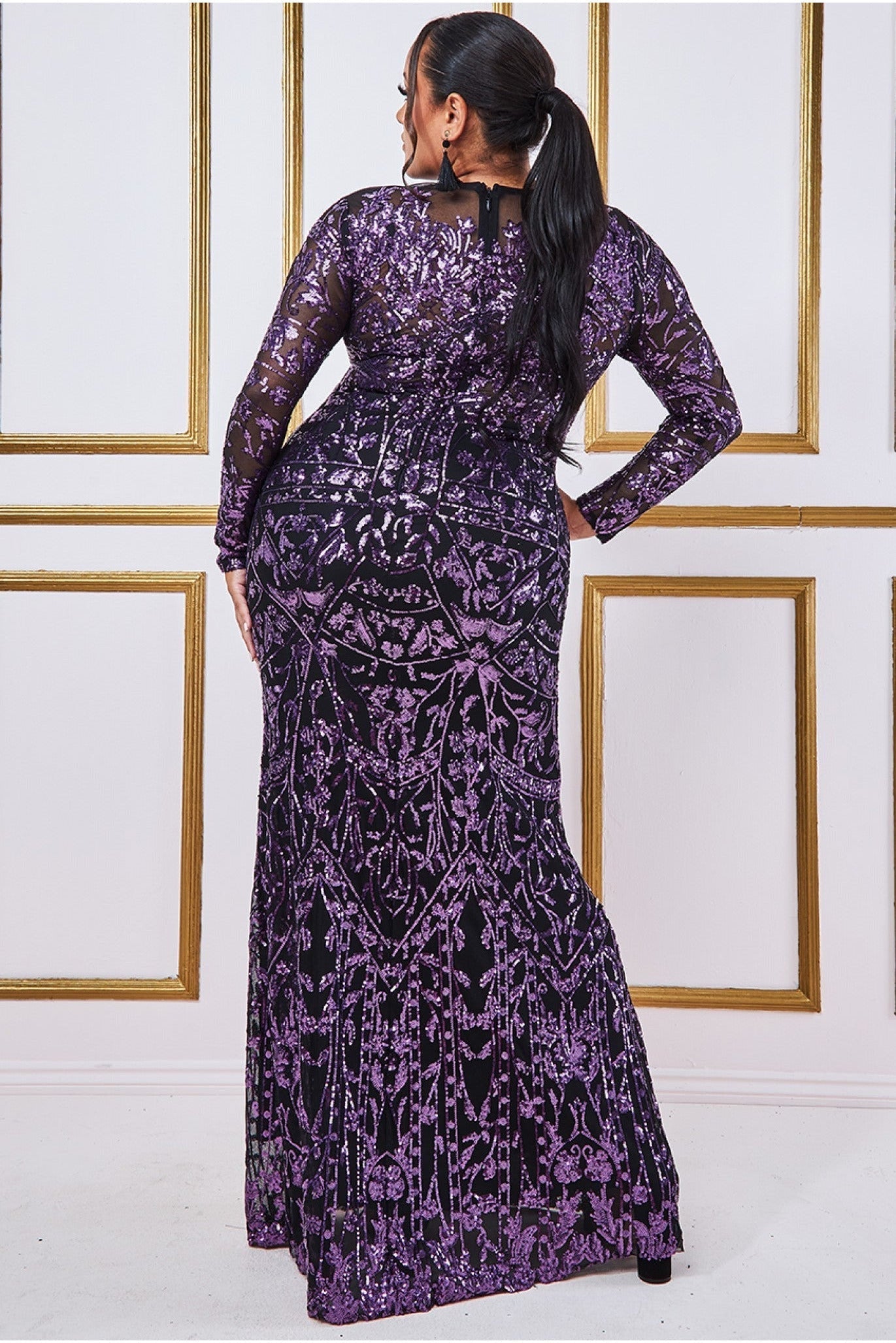Goddiva Plus Sequin Mesh Embroidered Maxi Dress - Purple