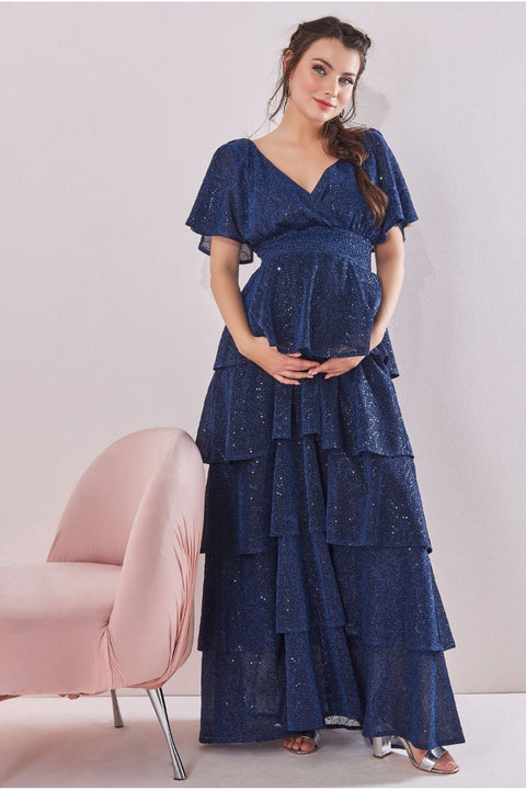 Goddiva Maternity Sequin Lurex Tiered Maxi Navy