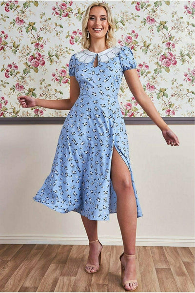 PowderBlue - Goddiva Printed Midi With Front Split - Powder Blue