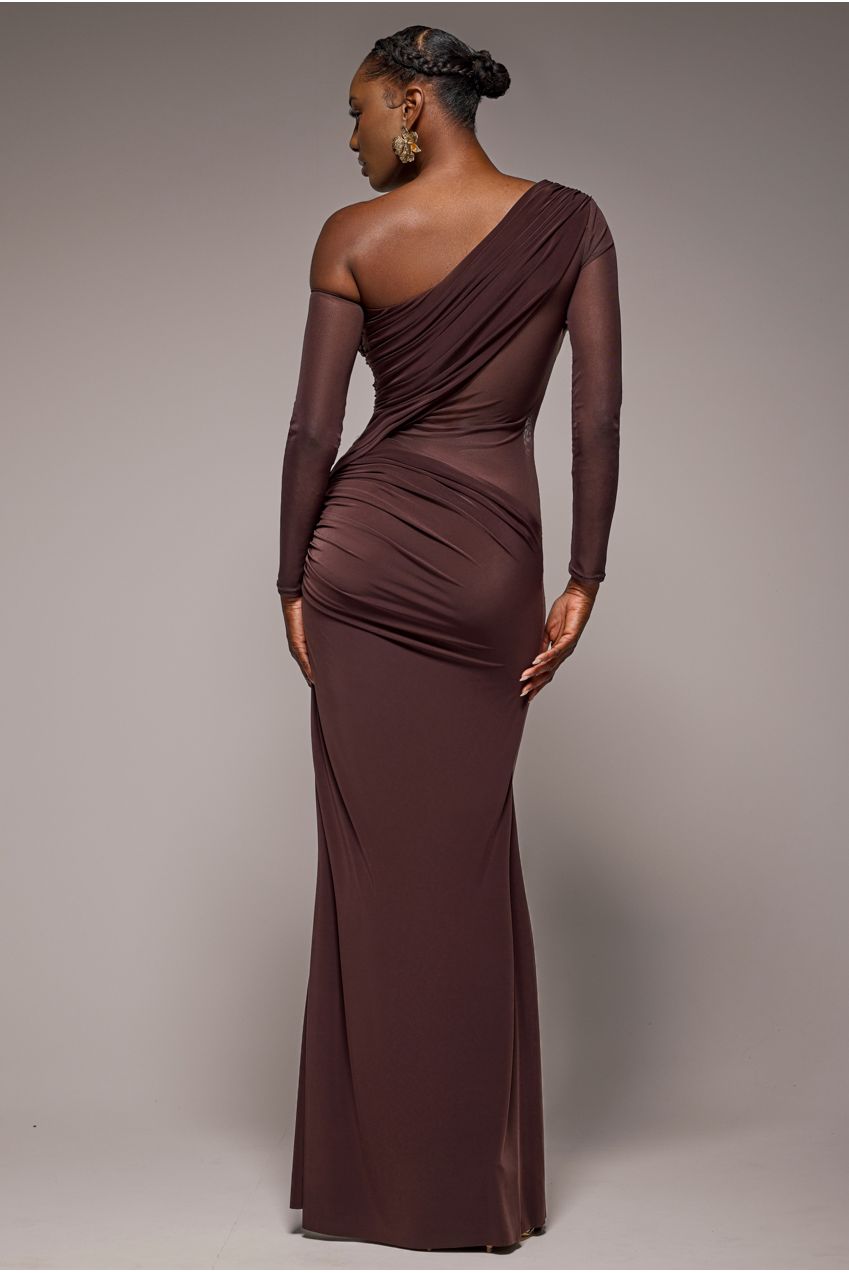 Goddiva Gathered Cowl Asymmetric Mesh And Soft Touch Maxi Dress - Brown