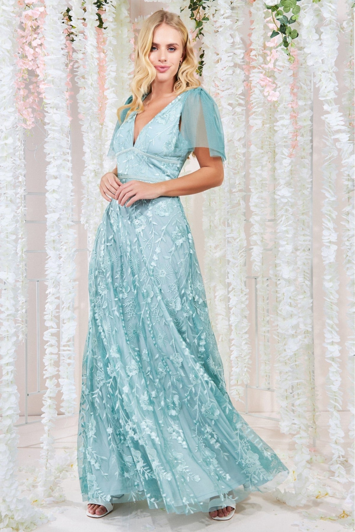 Goddiva Embroidered Lace Maxi Flutter Sleeves - Sage Green