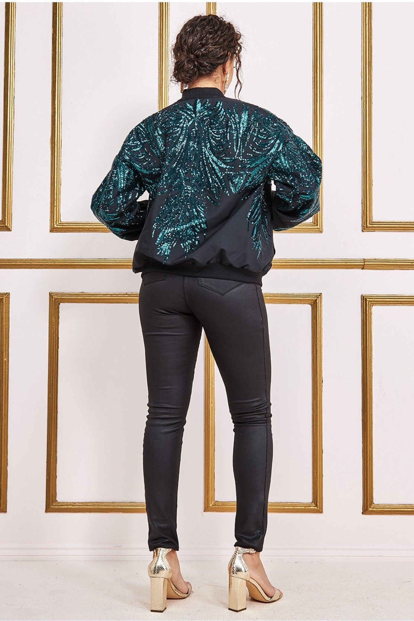 Goddiva Sequin Embroidered Bomber Jacket - Emerald