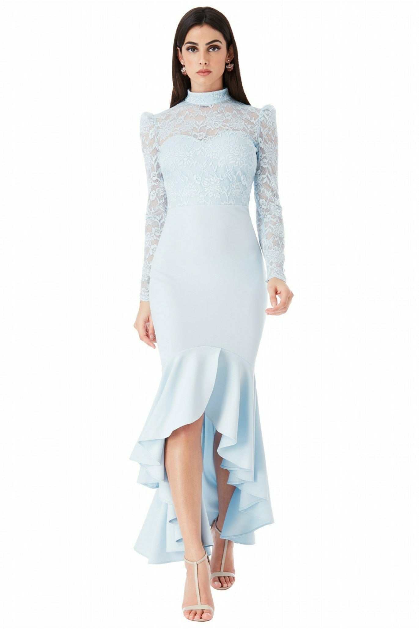 Goddiva Long Sleeved Fishtail Maxi With Open Back - Powderblue