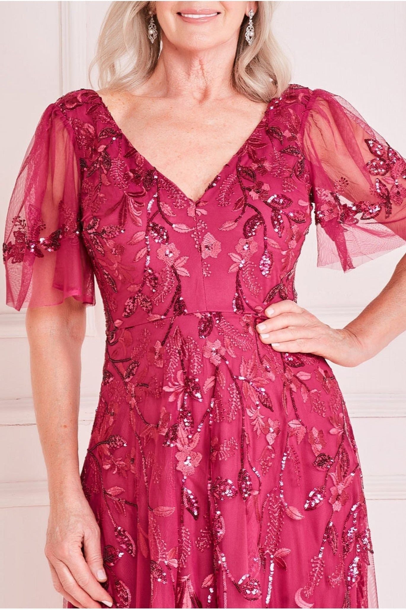 Goddiva Embroidered Flared Sleeve Maxi Dress - Magenta