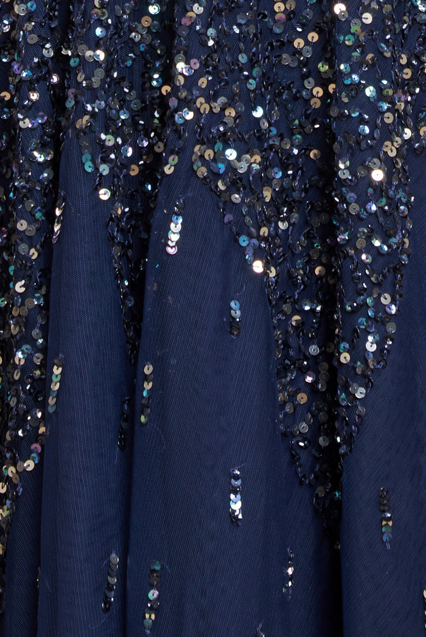 Goddiva Sunray Hand Embellished Sequin A-Line Bell Sleeve Maxi Dress - Navy Blue