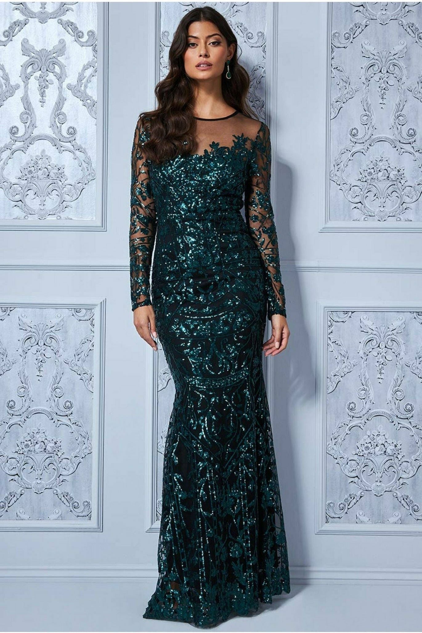 Goddiva Sequin Mesh Embroidered Maxi - Emerald Green