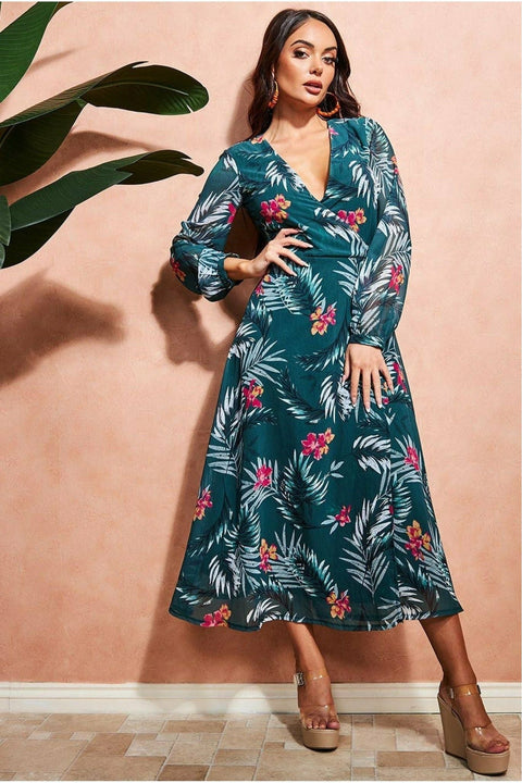 City Goddess Floral Print Wrap Midi Dress - Green