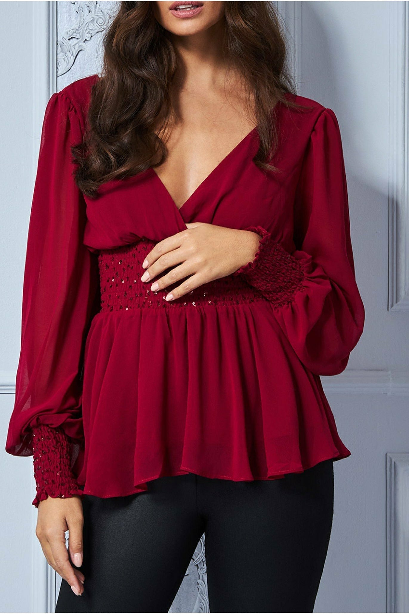 Goddiva Sequin Chiffon Puffy Sleeve Top - Wine