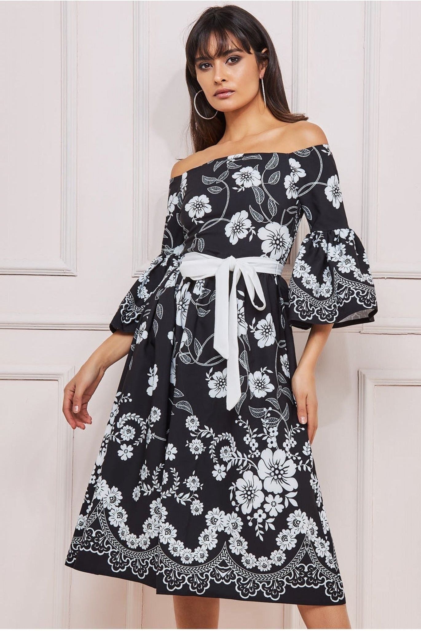 Goddiva Printed Off The Shoulder Midi Dress - Black