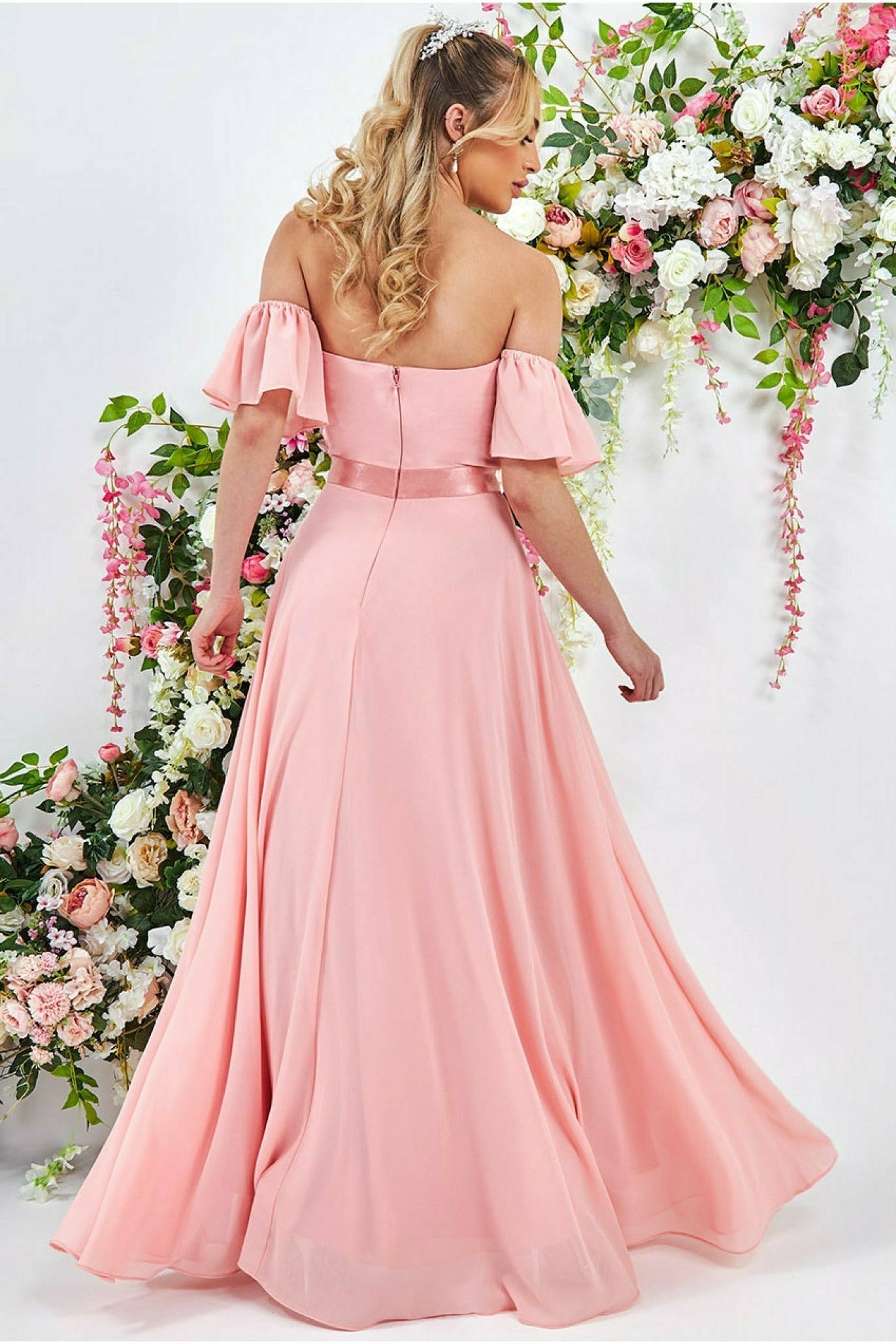 Goddiva Draped Off The Shoulder Maxi With Split - Peach