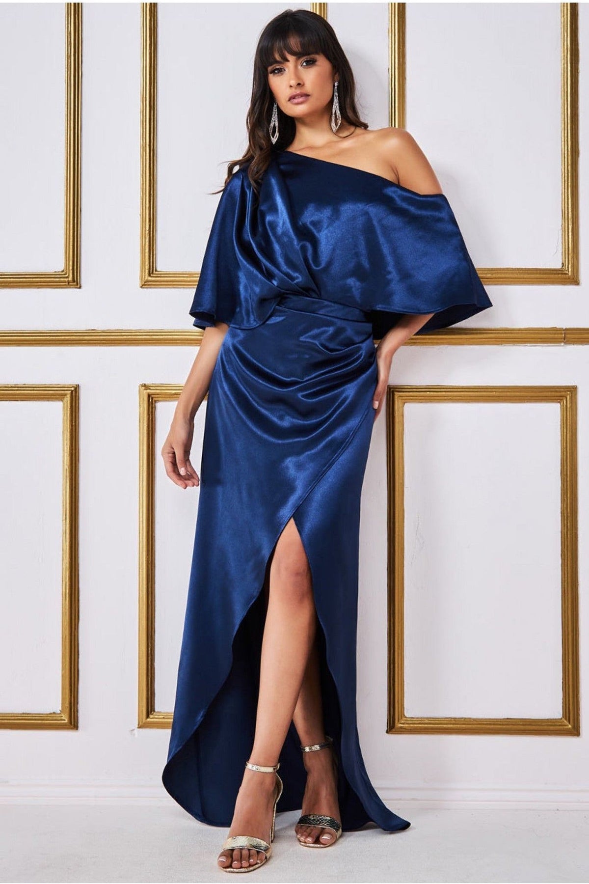 Goddiva Satin Drape Shoulder Wrap Maxi Dress - Navy