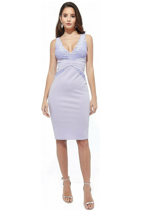 City Goddess Pleated Waist Lace Inserted Midi Dress - Lilac