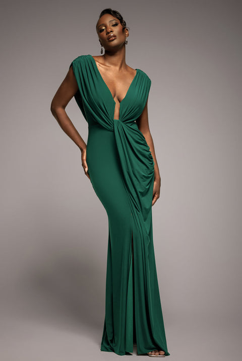 Goddiva Cowl Plunge Draped Mermaid Maxi Dress - Emerald Green