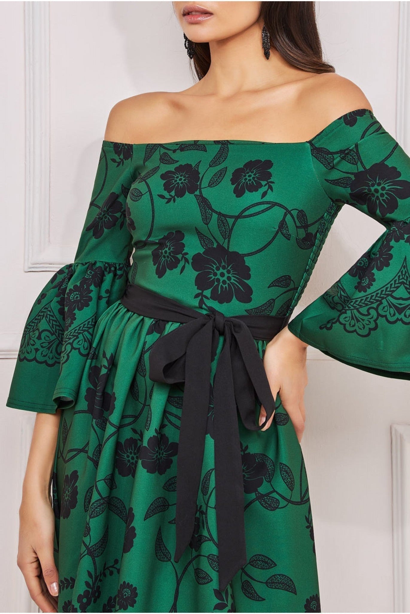 Goddiva Printed Off The Shoulder Midi Dress - Emerald Green