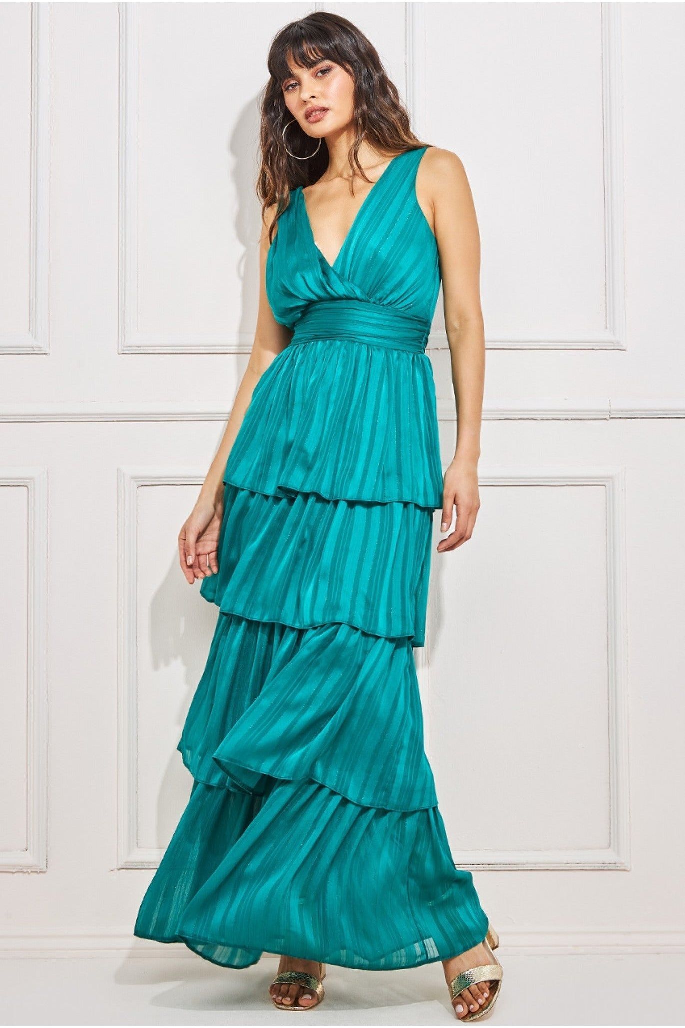 Goddiva Tiered Chiffon Maxi Dress - Emerald