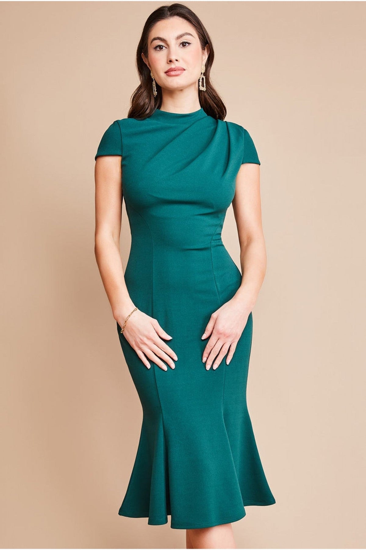 Goddiva Pleated Shoulder High Neck Midi - Emerald Green