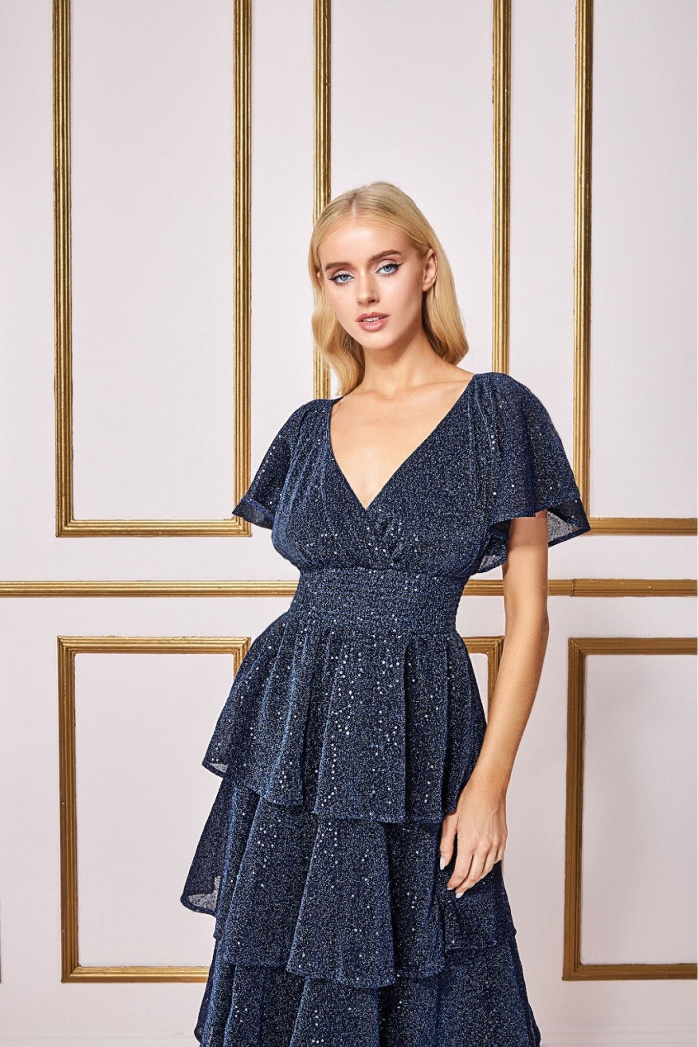 Goddiva Sequin Lurex Tiered Maxi Dress - Navy