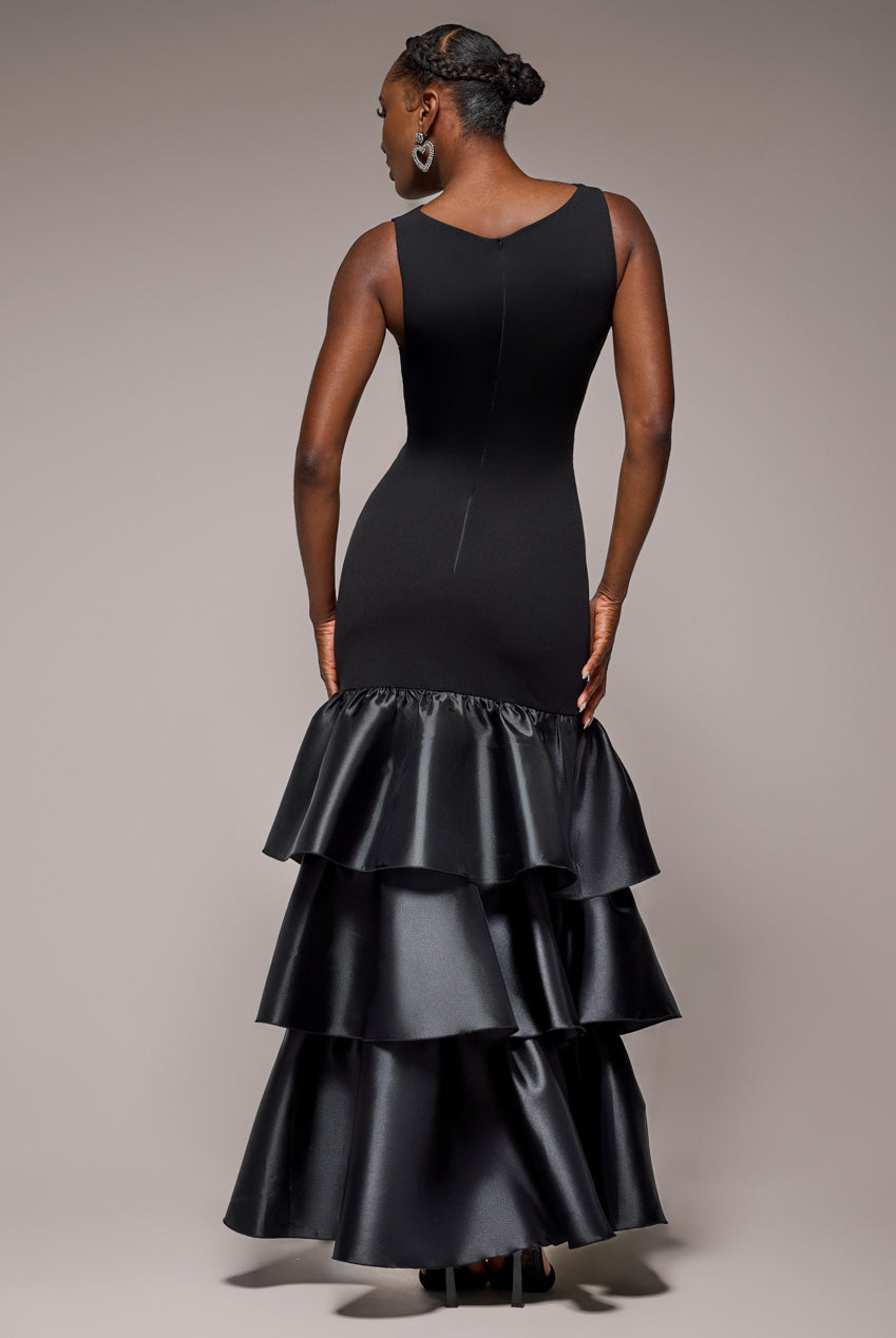 Goddiva Boat Neck Satin & Scuba Crepe Tiered Maxi Dress - Black