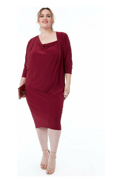 Wine - Goddiva Loose Fit Midi Dress With Asymmetric Neck - Wine