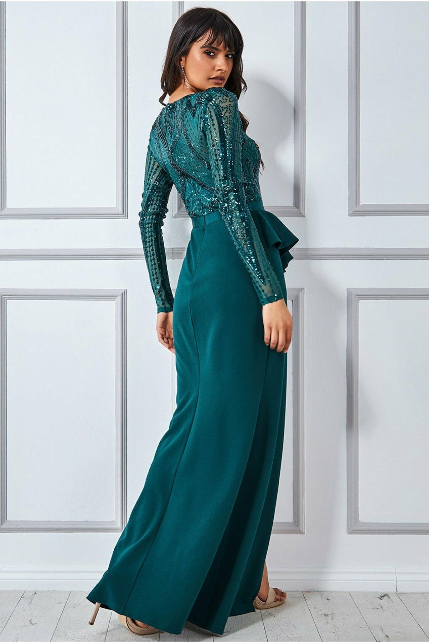 Goddiva Sequin Bodice With Front Frill Maxi - Emerald