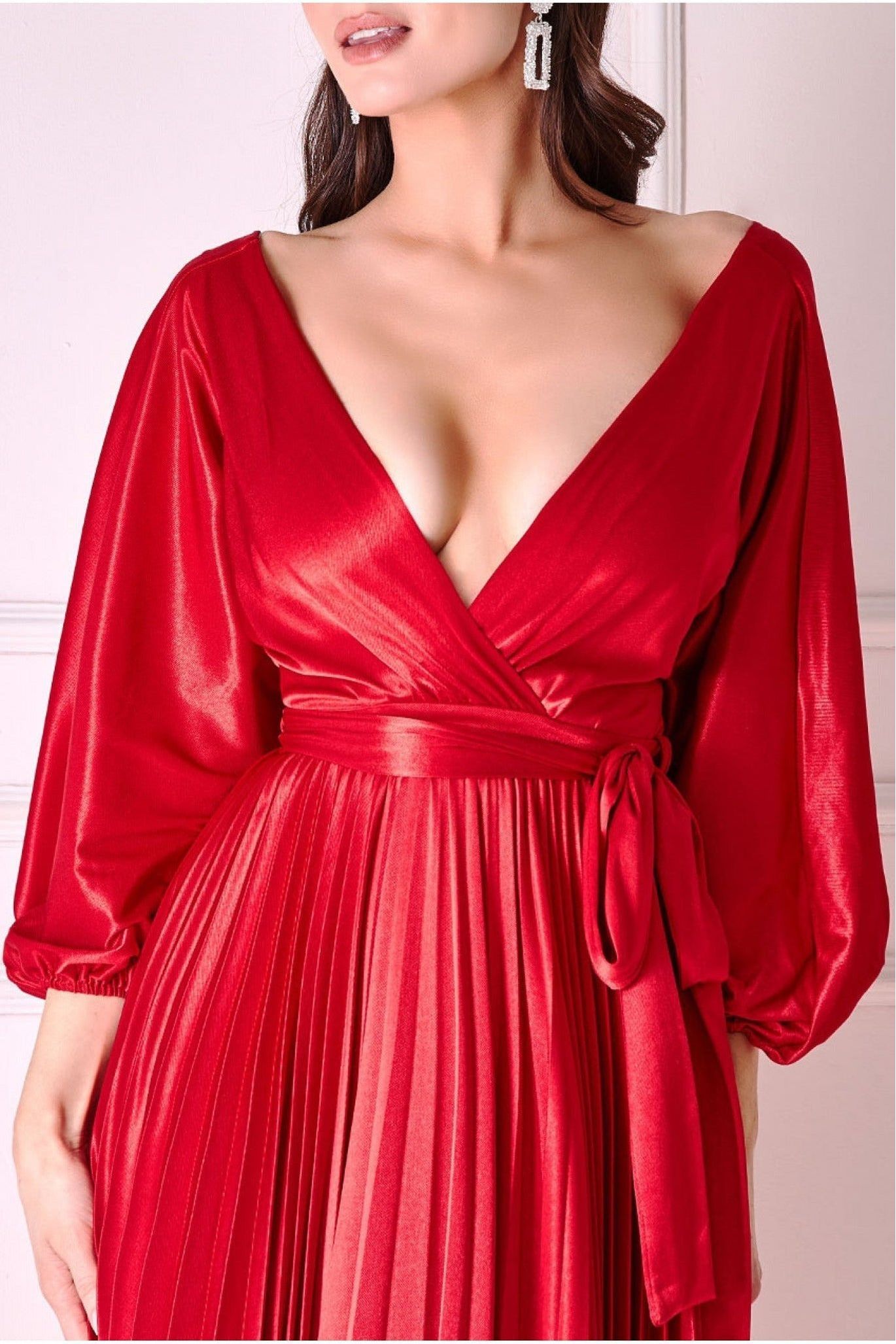 Goddiva Satin Pleated Skirt Wrap Midi Dress - Red