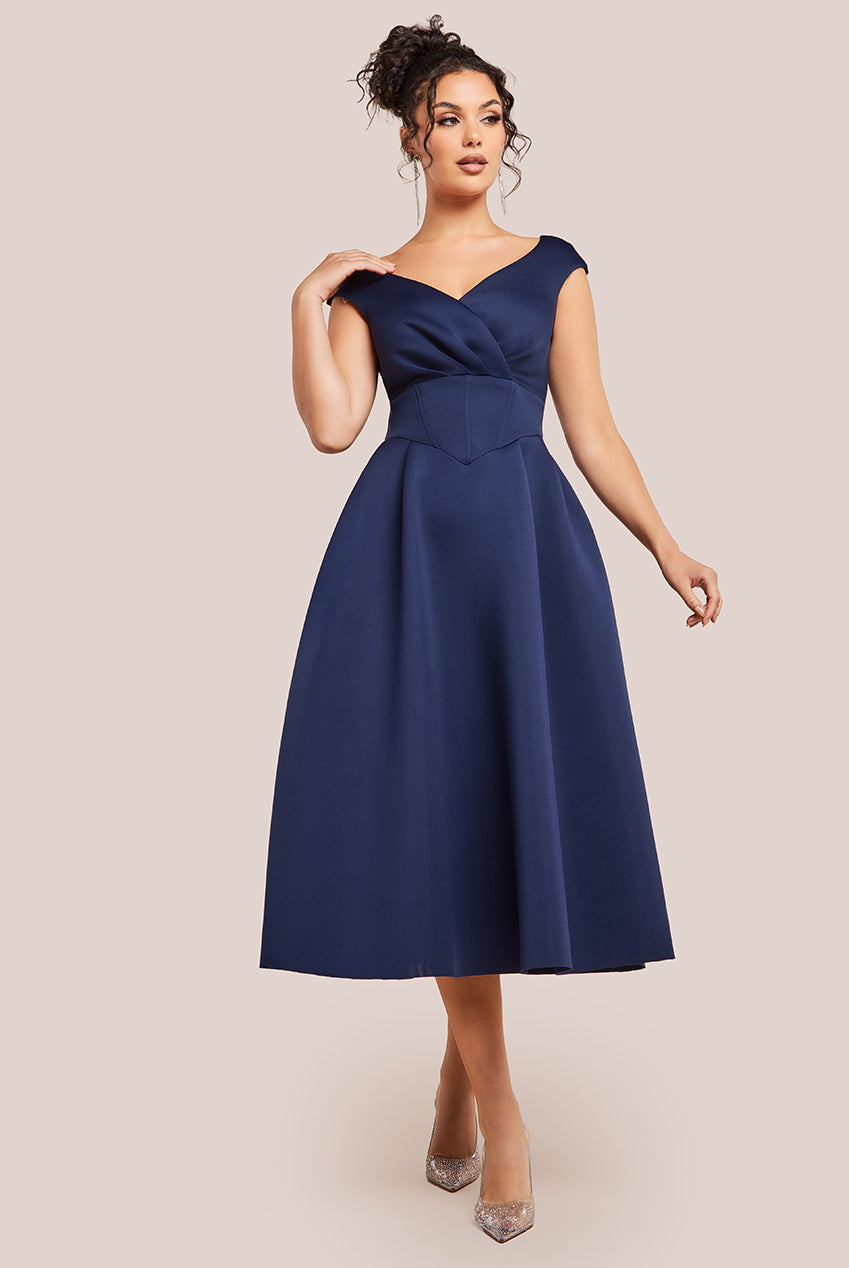 Goddiva Corset Fit & Flare Midi Dress - Navy