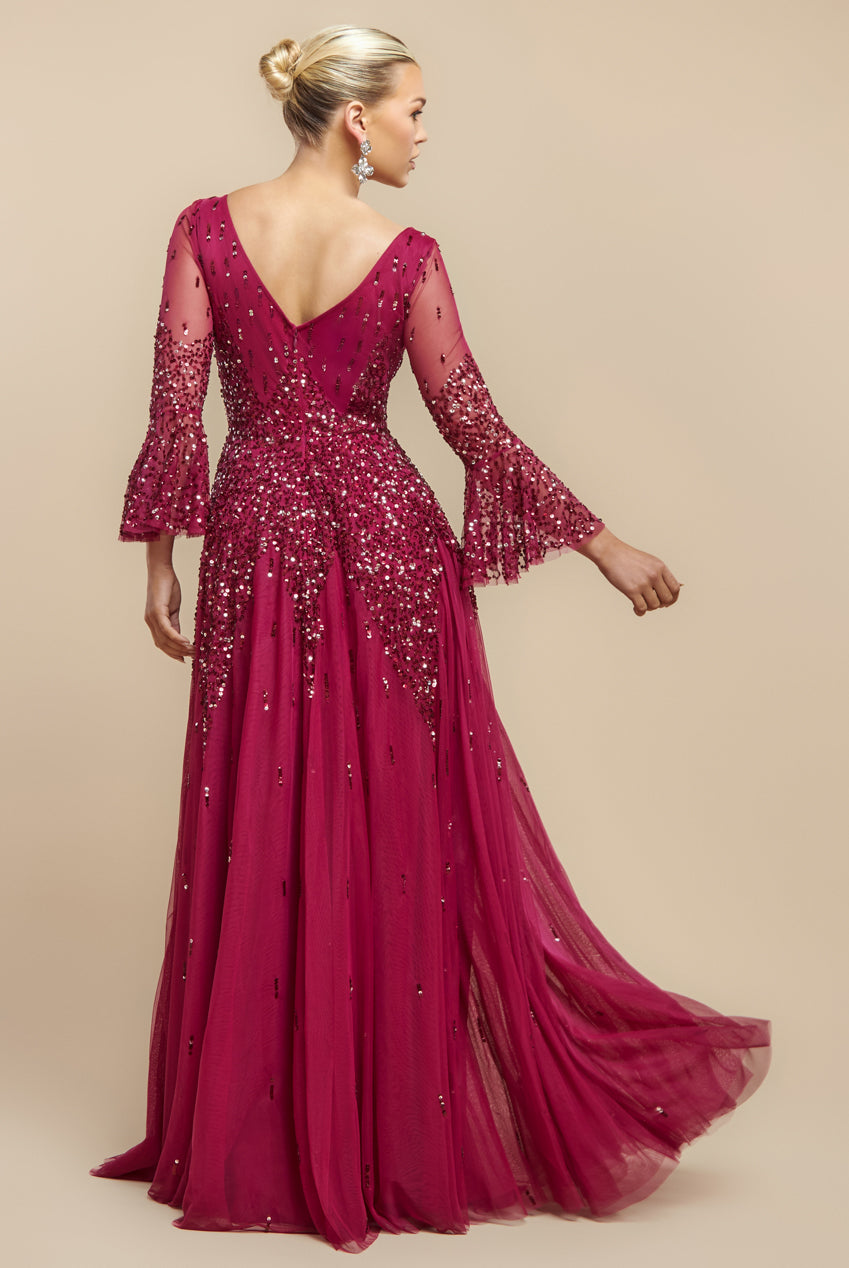 Goddiva Sunray Hand Embellished Sequin A-Line Bell Sleeve Maxi Dress - Burgundy