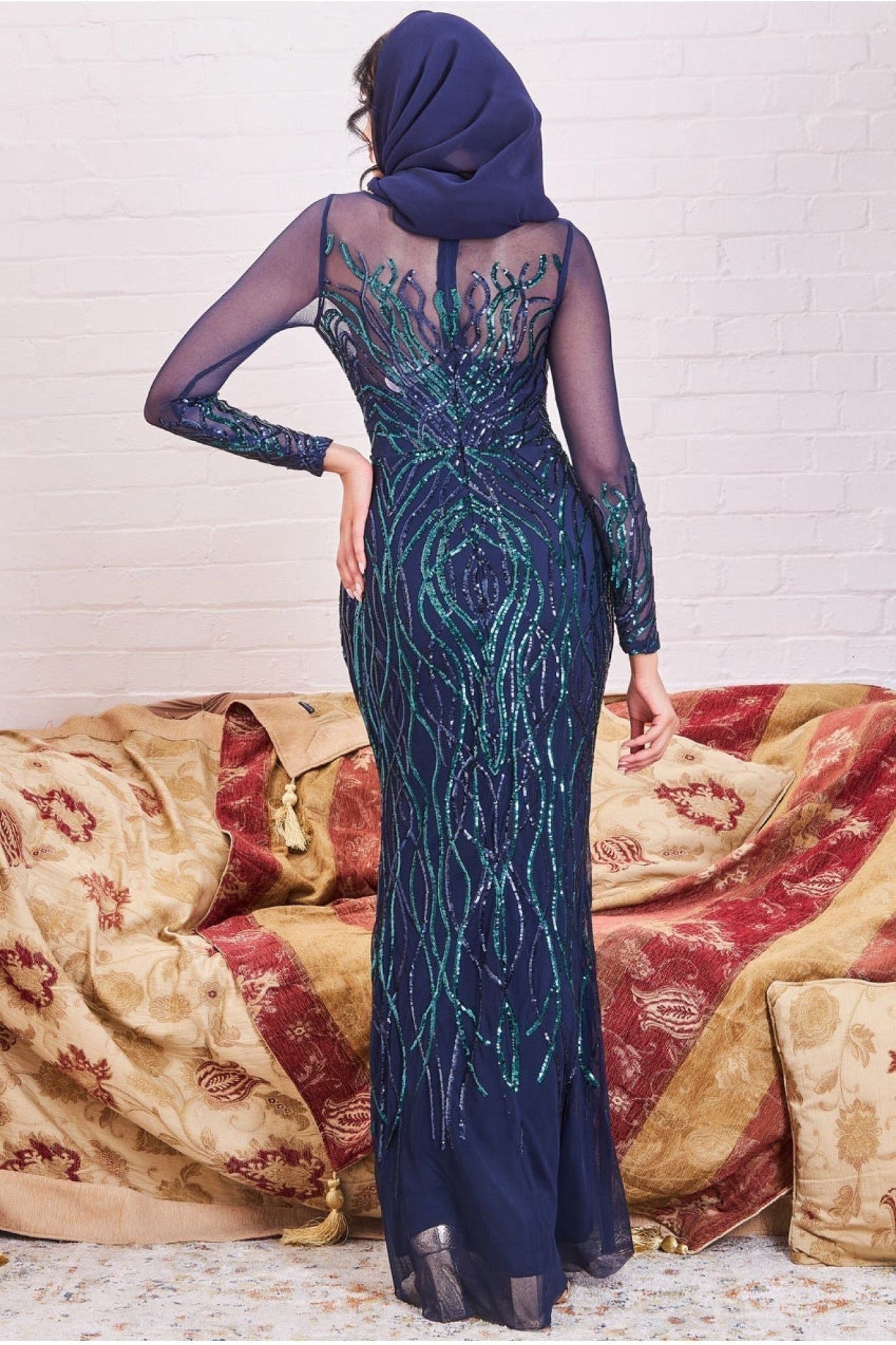 Goddiva Modesty Sequin Flame Maxi Dress - Navy