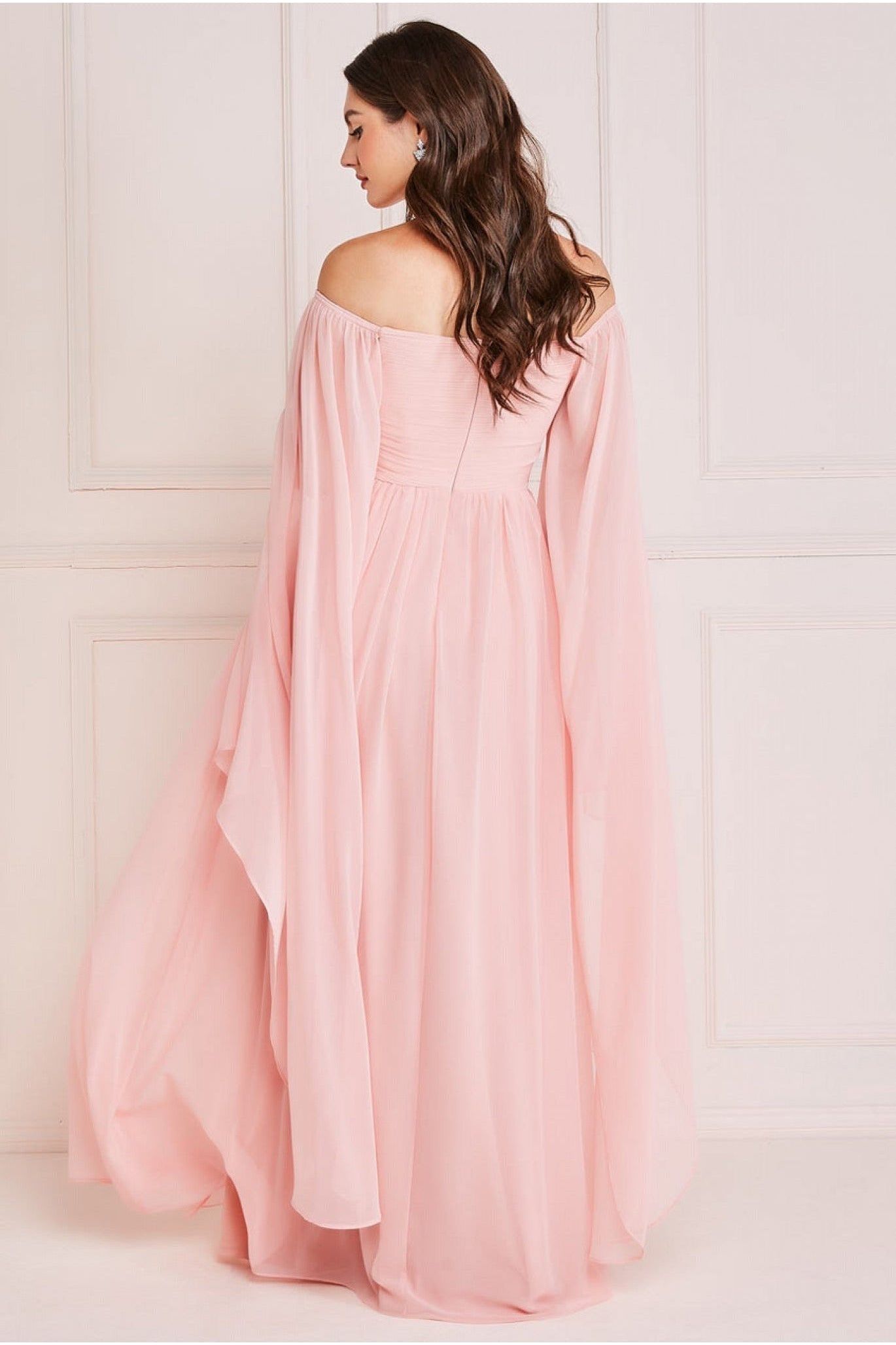 Goddiva Chiffon Off The Shoulder Maxi With Cape Sleeves  - Blush