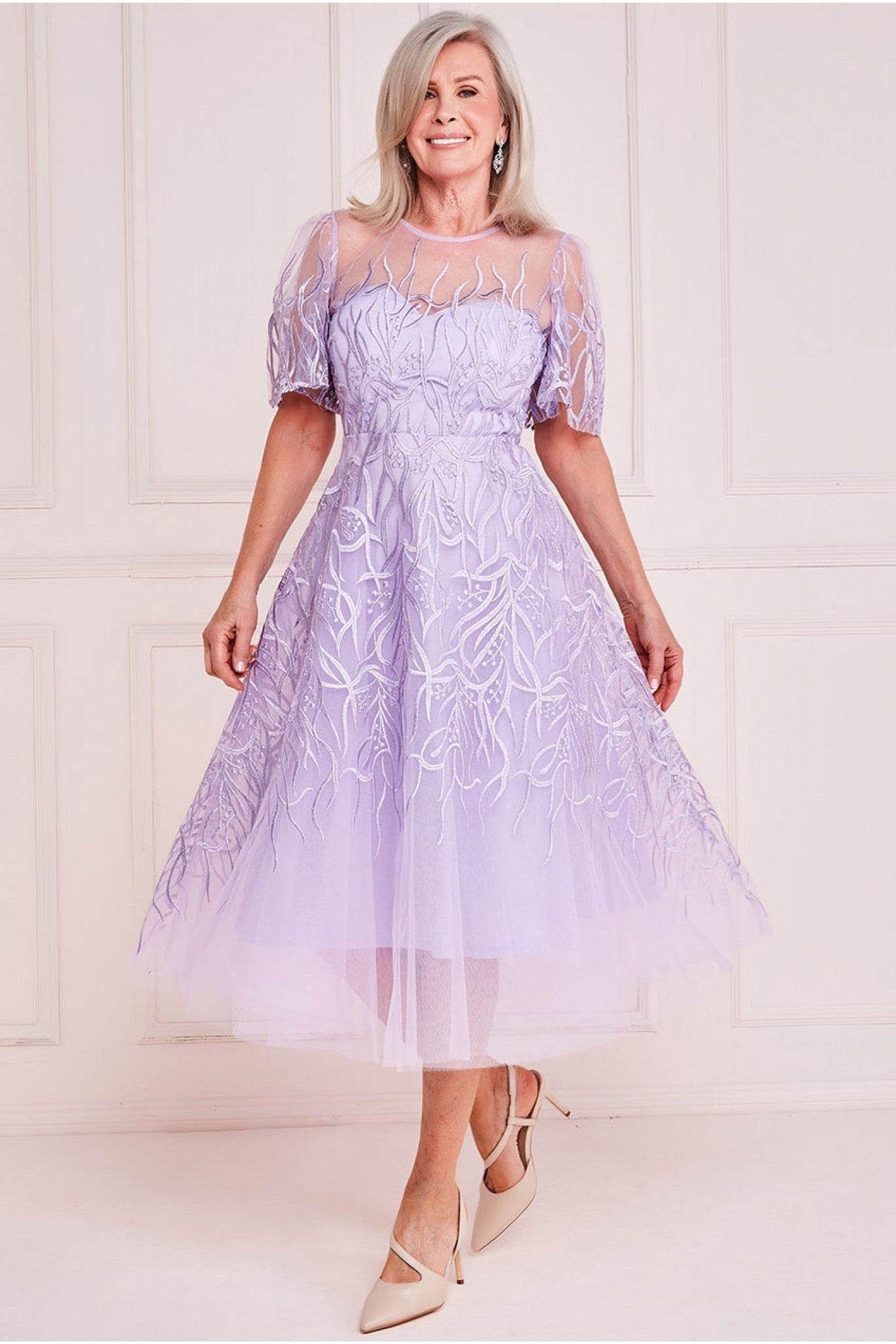 Goddiva Embroidered Bodice A Line Midi - Lilac