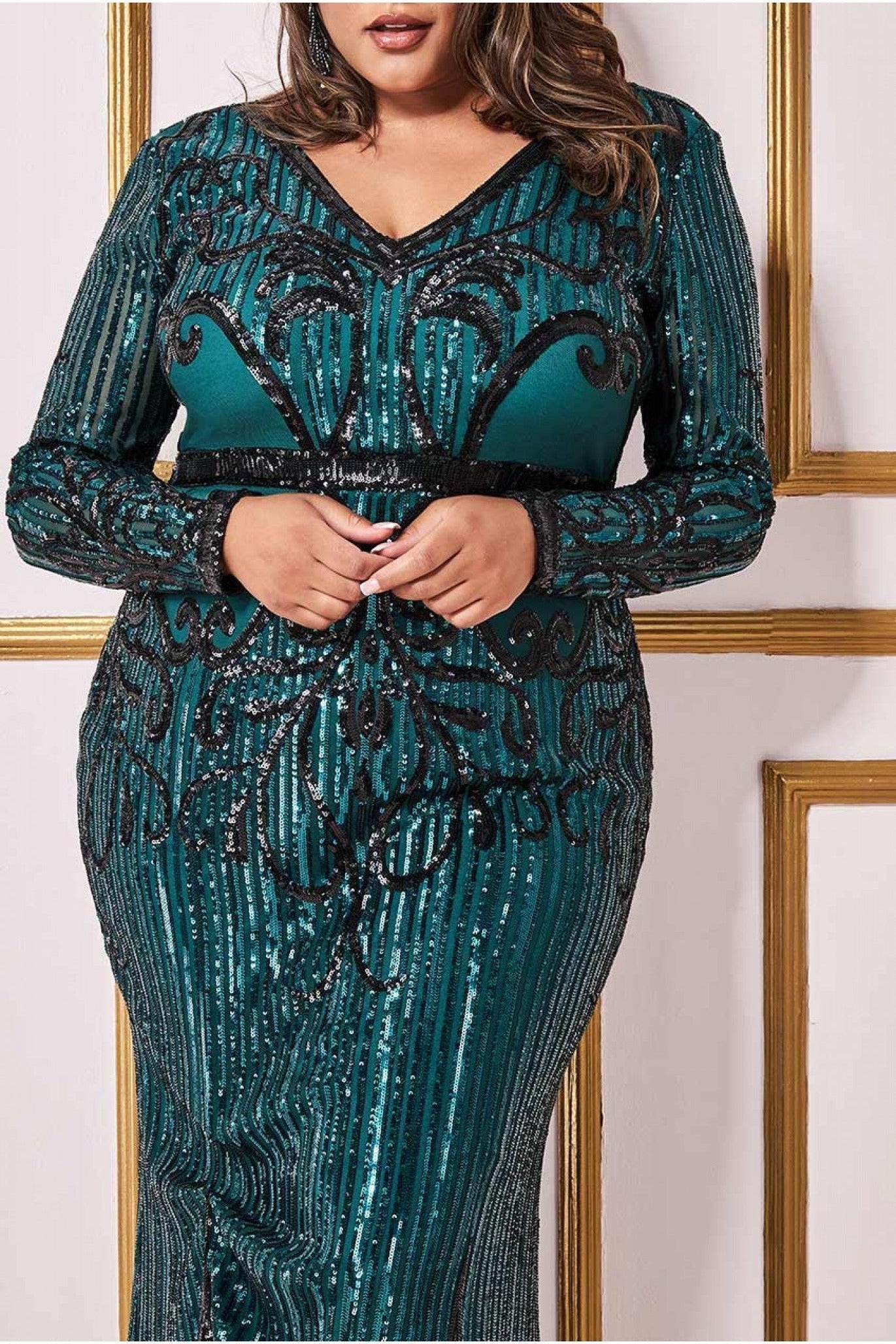 Goddiva Plus Sequin & Mesh Embroidered Maxi - Emerald Green