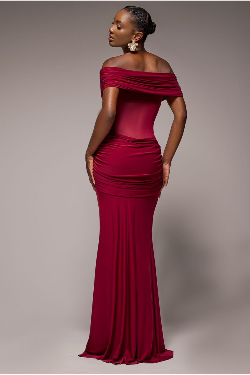 Goddiva Gathered Off The Shoulder Mesh Waist Panel Maxi Dress - Wine