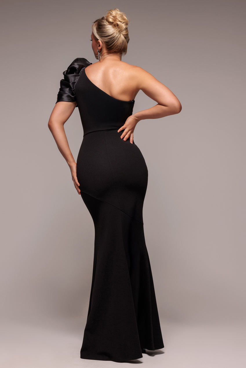 Goddiva One Shoulder Puffed Satin Sleeve Evening Maxi Dress - Black