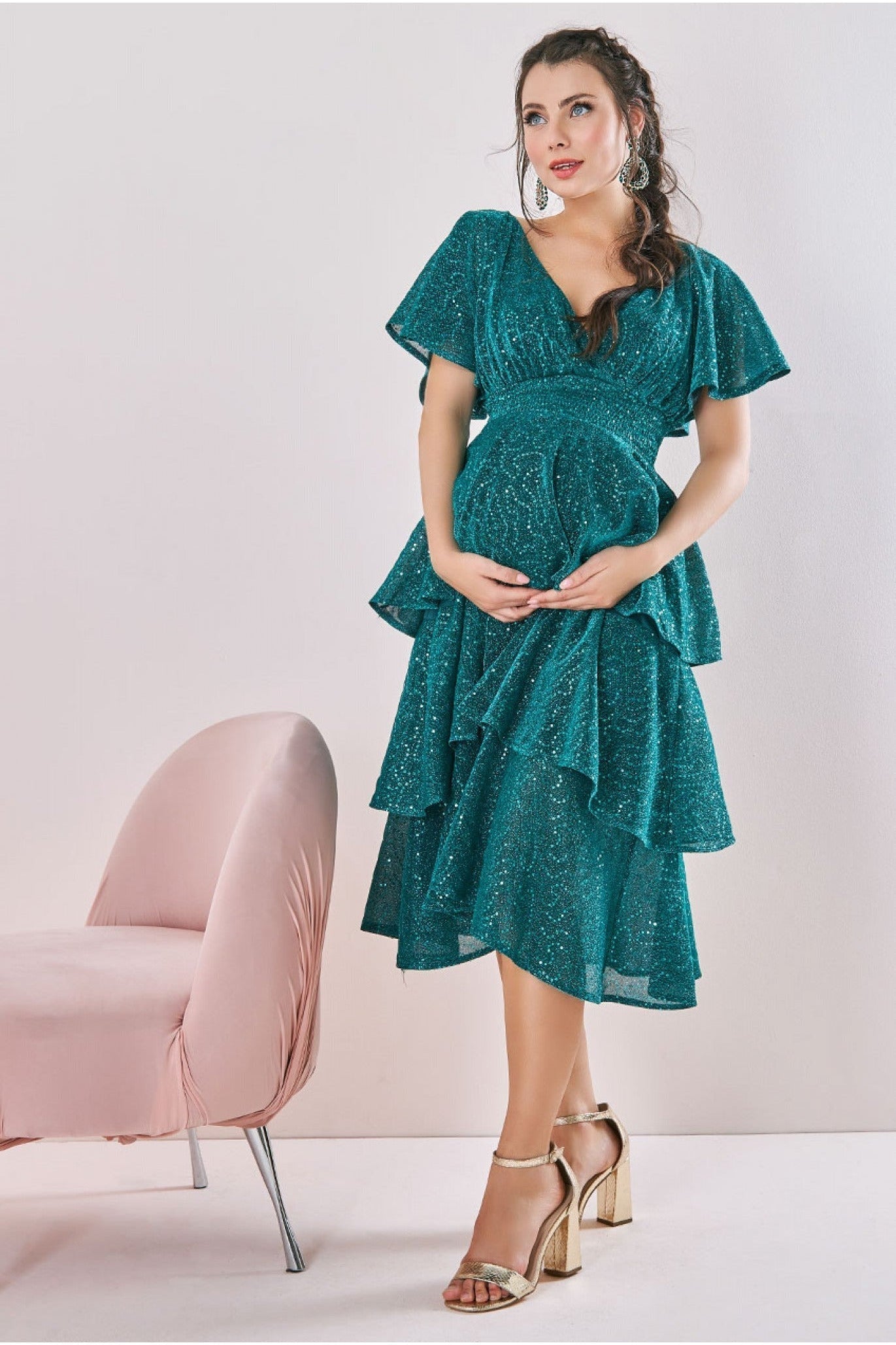 Goddiva Maternity Sequin Lurex Tiered Midi Teal Blue