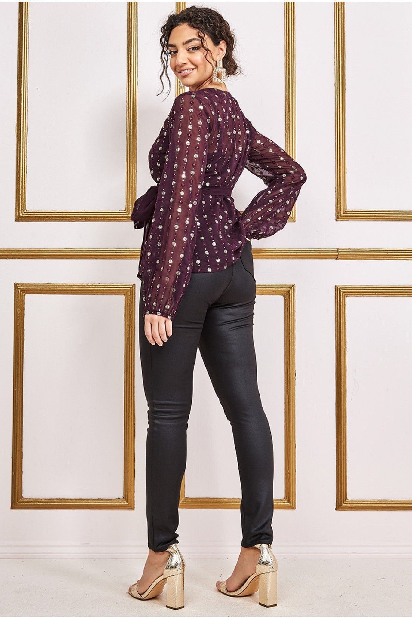 Goddiva Wrap Sequin Top With Cami - Wine